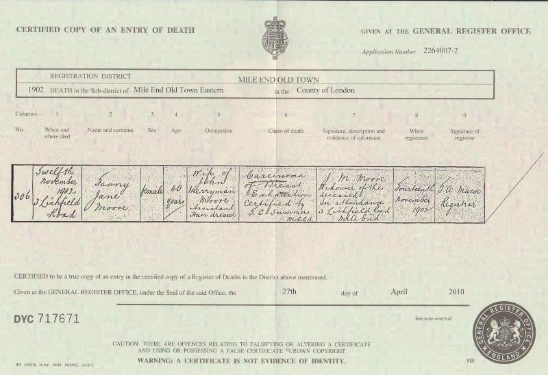 Moore (Fanny Jane nee Repington) Death Certificate